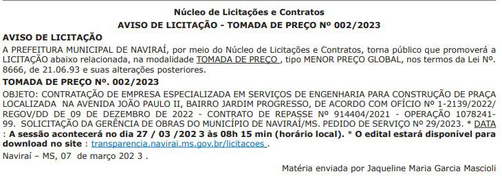 captura de tela, aviso de licitação - tomada de preço 